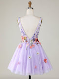 A-Line Lilac V Neck Backless Short Homecoming Dress with 3D Flowers