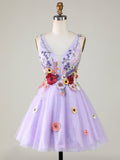 A-Line Lilac V Neck Backless Short Homecoming Dress with 3D Flowers