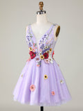 A-Line Lilac V Neck Backless Short Homecoming Dress with 3D Flowers