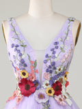 A-Line Lilac V Neck Backless Short Homecoming Dress with 3D Flowers