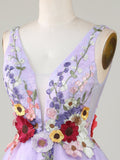 A-Line Lilac V Neck Backless Short Homecoming Dress with 3D Flowers