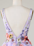 A-Line Lilac V Neck Backless Short Homecoming Dress with 3D Flowers