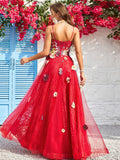 Red A-Line Long Prom Dress with 3D Flowers