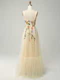 Champagne Sweetheart A Line Embroidery Long Prom Dress