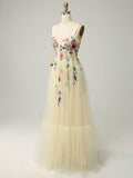 Champagne Sweetheart A Line Embroidery Long Prom Dress