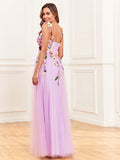 A Line Floral Champagne Long Prom Dress