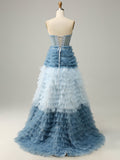 A Line Tiered Sweetheart Gray Blue Tulle Long Prom Dress