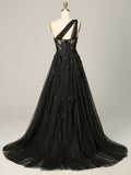 A Line Black One Shoulder Floral Tulle Long Prom Dress