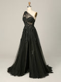 A Line Black One-Shoulder Floral Tulle Long Prom Dress