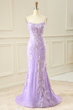 Lilac Mermaid Embroidery Spaghetti Straps Long Prom Dress