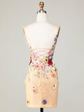 Deep V-Neck Champagne Short Homecoming Dress with 3D Flowers