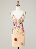 Deep V-Neck Champagne Short Homecoming Dress with 3D Flowers