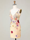 Deep V-Neck Champagne Short Homecoming Dress with 3D Flowers