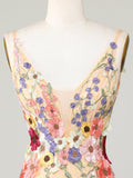 Deep V-Neck Champagne Short Homecoming Dress with 3D Flowers