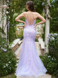 Lilac Mermaid Baackless Floral Long Prom Dress With Applique