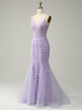 Lilac Mermaid Baackless Floral Long Prom Dress With Applique