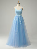 A Line Light Blue Tulle Prom Dress With Appliques