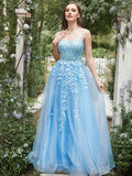 A Line Light Blue Tulle Prom Dress With Appliques