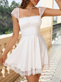 White Lace Backless Square Neck Sweet Short Graduation Dress