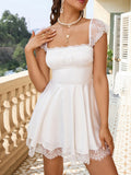 White Lace Backless Square Neck Sweet Short Graduation Dress