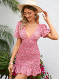 Pink Mermaid Floral Short Boho Summer Vacation Dress