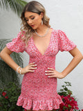 Pink Mermaid Floral Short Boho Summer Vacation Dress