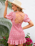 Pink Mermaid Floral Short Boho Summer Vacation Dress