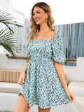 Blue A Line Floral Short Puffy Sleeves Summer Vacation Dress