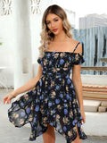 Black A Line Off The Shoulder Floral Short Summer Vacation Dress