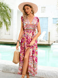 Pink A Line V Neck Floral Long Boho Summer Vacation Dress