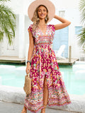Pink A Line V Neck Floral Long Boho Summer Vacation Dress