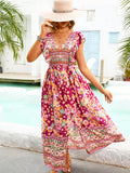 Pink A Line V Neck Floral Long Boho Summer Vacation Dress