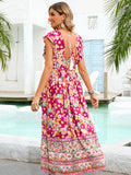 Pink A Line V Neck Floral Long Boho Summer Vacation Dress
