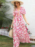 Floral Pink A Line Long Summer Vacation Dress With Short Sleeves