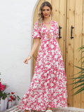 Floral Pink A Line Long Summer Vacation Dress With Short Sleeves