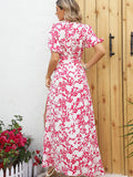Floral Pink A Line Long Summer Vacation Dress With Short Sleeves