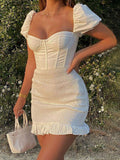 Puff Sleeves Tight Pleated Graduation Party Dress