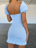 Puff Sleeves Tight Pleated Graduation Party Dress