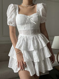 Lace Tight White A Line Puffy Sleeves Short Graduation Party Dress