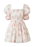 Short Puff Sleeves Cute Pink Aquare Collar Short Graduation Party Dress