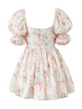 Short Puff Sleeves Cute Pink Aquare Collar Short Graduation Party Dress
