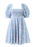 Short Puff Sleeves Cute Blue Aquare Collar Short Graduation Party Dress