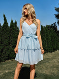 V Neck Sky Blue A Line Short Graduation Party Dress
