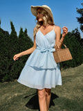 V Neck Sky Blue A Line Short Graduation Party Dress