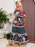 Floral Strapless Off The Shoulder Black Long Summer Vacation Dress