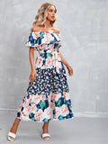 Blue Strapless Off The Shoulder Long Summer Vacation Dress