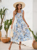 Blue Floral Summer Vacation Long Dress