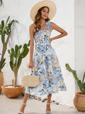 Blue Floral Summer Vacation Long Dress