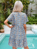 Blue Short Sleeves V Neck Short Summer Vacation Dress