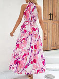 Pink Halter Long Summer Boho Vacation Dress